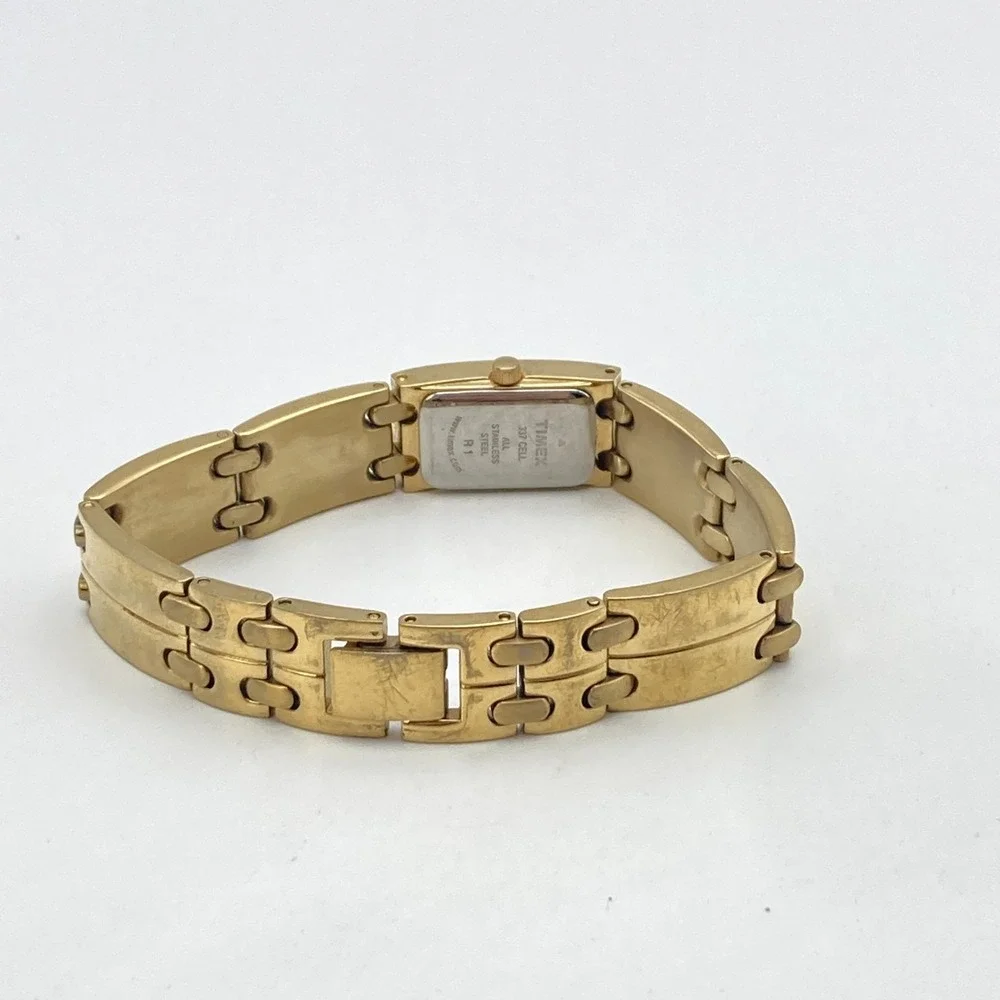 Timex Women's Tank Watch 17mm Gold Tone Crystals Petite New Battery 6.25